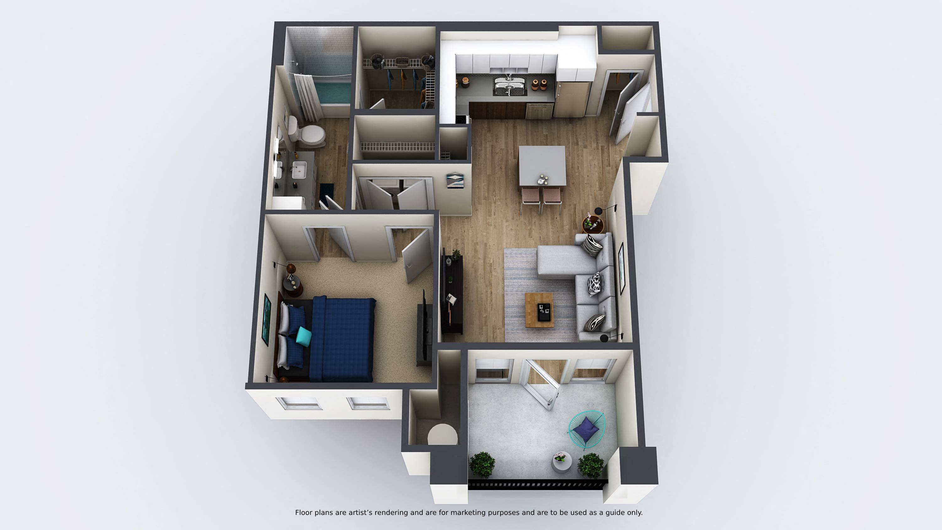 Floor plan for 1 bed, 1 bath, 717 sqft